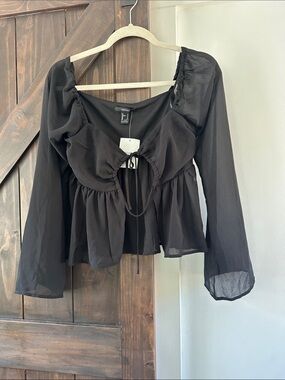 Sheer Black Long-Sleeve Tie-Front Peplum Top